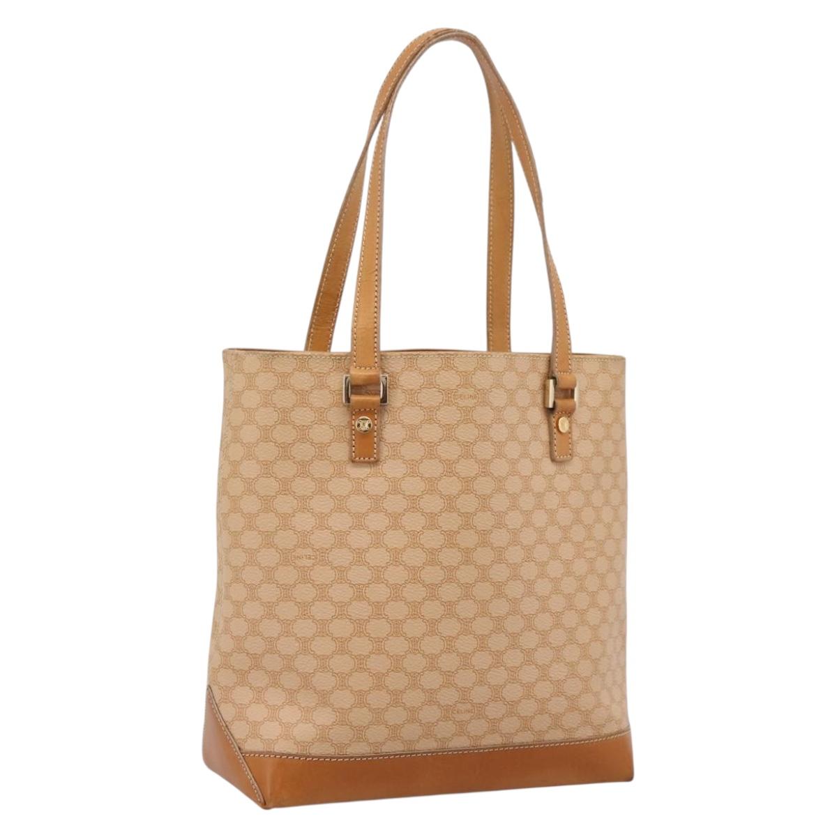 CELINE Macadam Canvas Tote Bag PVC Leather Beige Gold Auth ka5912
