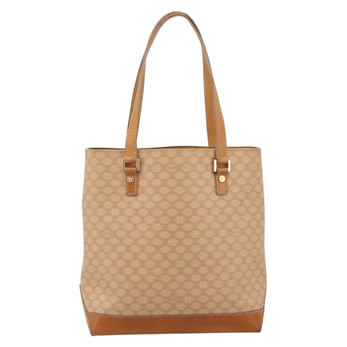 CELINE Macadam Canvas Tote Bag PVC Leather Beige Gold Auth ka5912