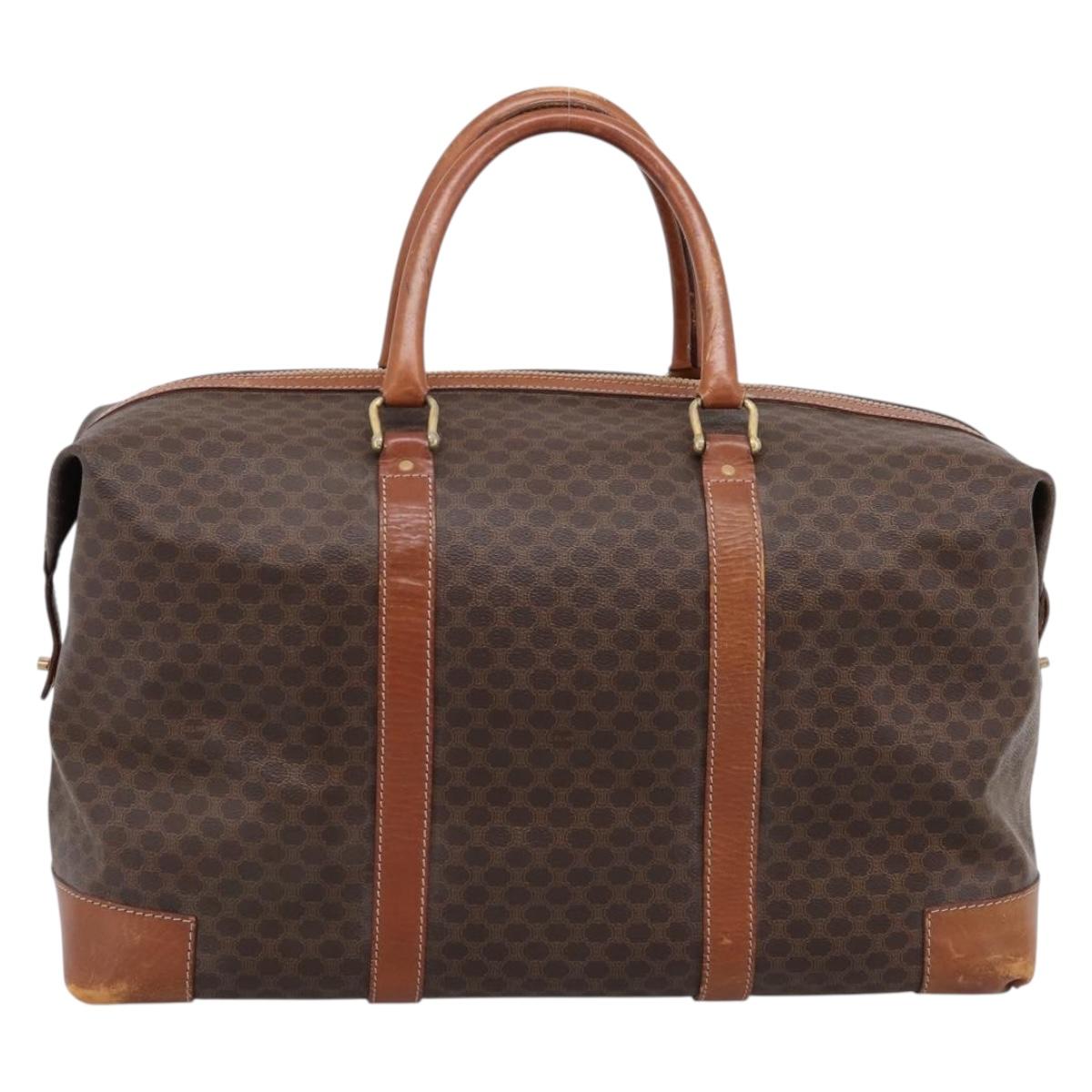 CELINE Macadam Canvas Boston Bag PVC Leather Brown Gold Auth ka5932