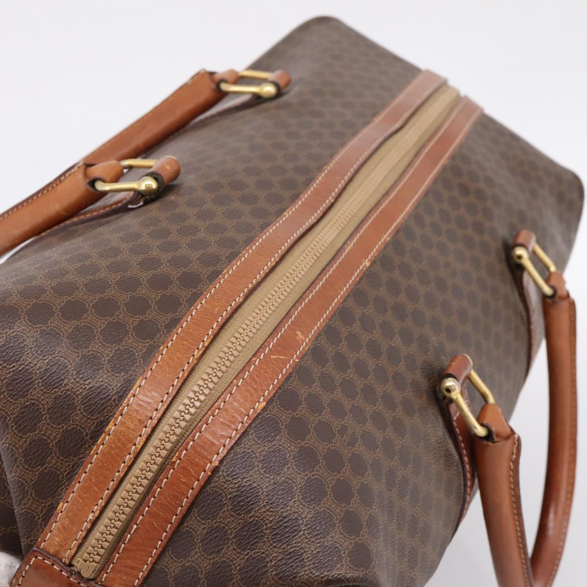 CELINE Macadam Canvas Boston Bag PVC Leather Brown Gold Auth ka5932