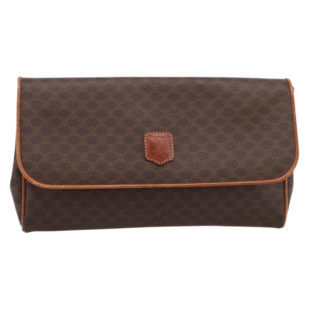CELINE Macadam Canvas Clutch Bag PVC Leather Brown Gold Auth ka5944