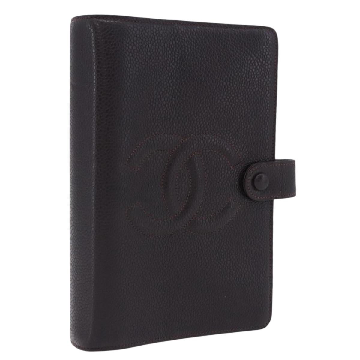 CHANEL COCO Mark Day Planner Cover Caviar Skin Brown Gold CC Auth ka5951