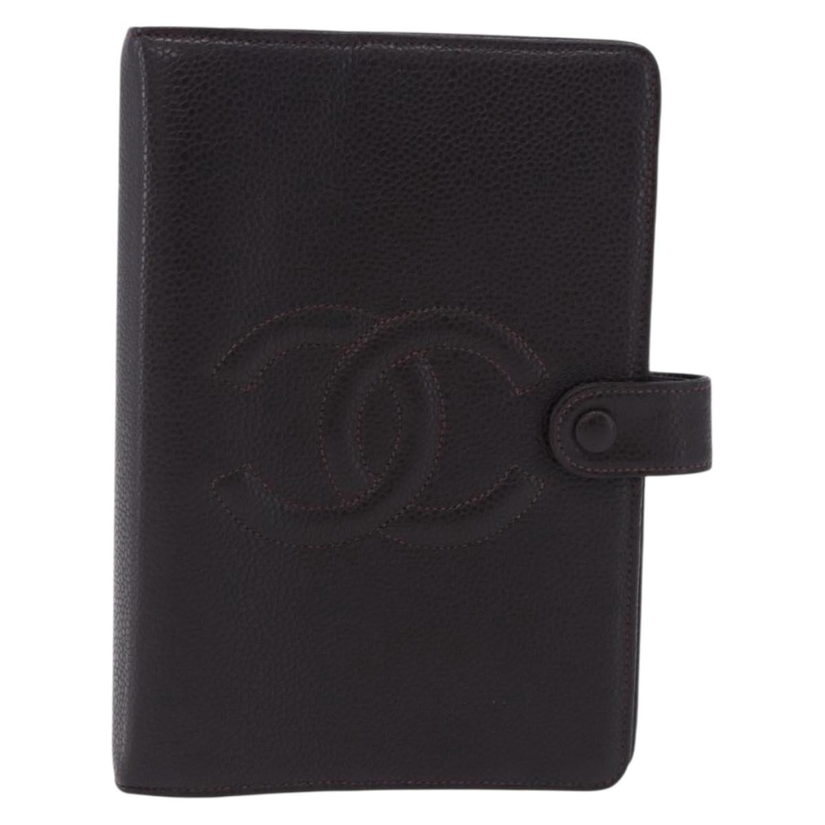 CHANEL COCO Mark Day Planner Cover Caviar Skin Brown Gold CC Auth ka5951