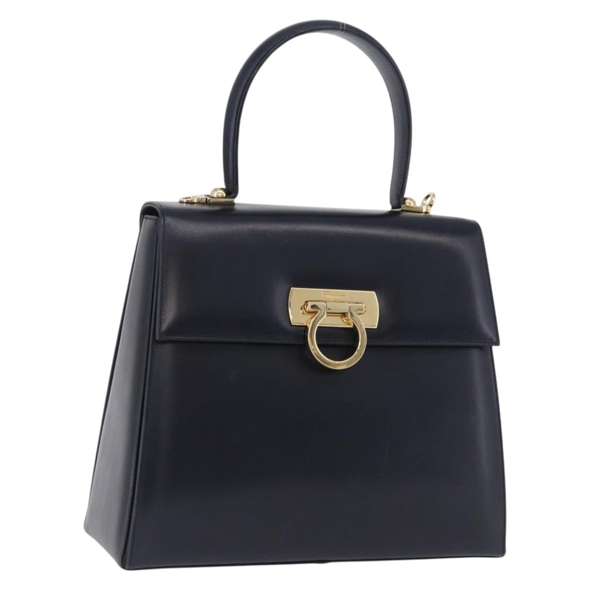 Salvatore Ferragamo Gancini Hand Bag Leather Navy Gold Auth ka5976