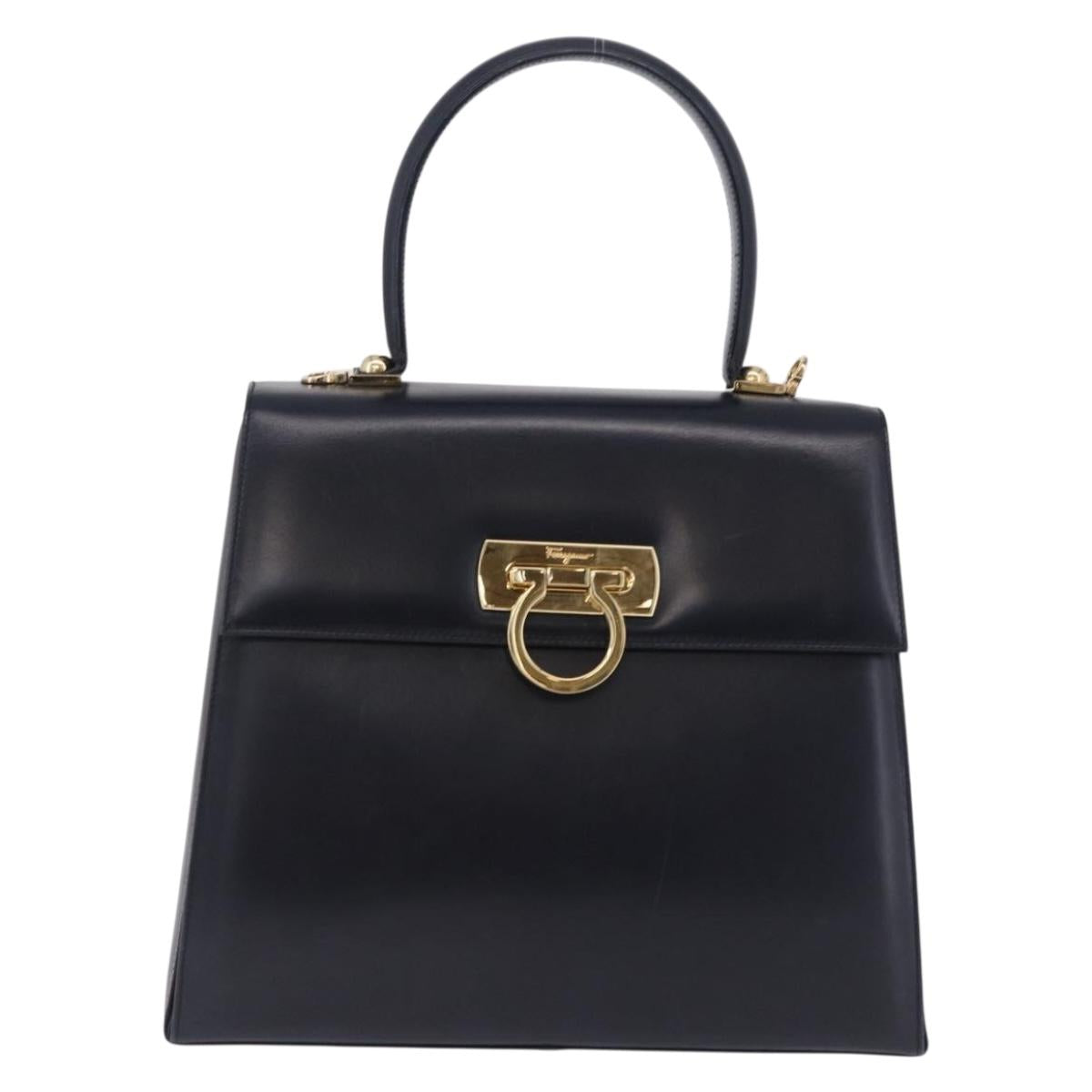Salvatore Ferragamo Gancini Hand Bag Leather Navy Gold Auth ka5976