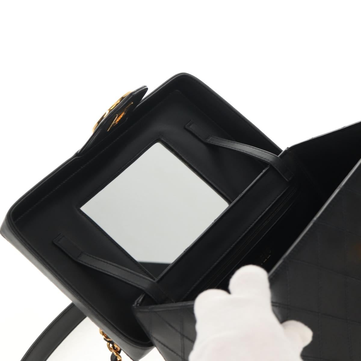 CHANEL Bicolore Vanity Hand Bag Lamb Skin Black Gold CC Auth ka597V