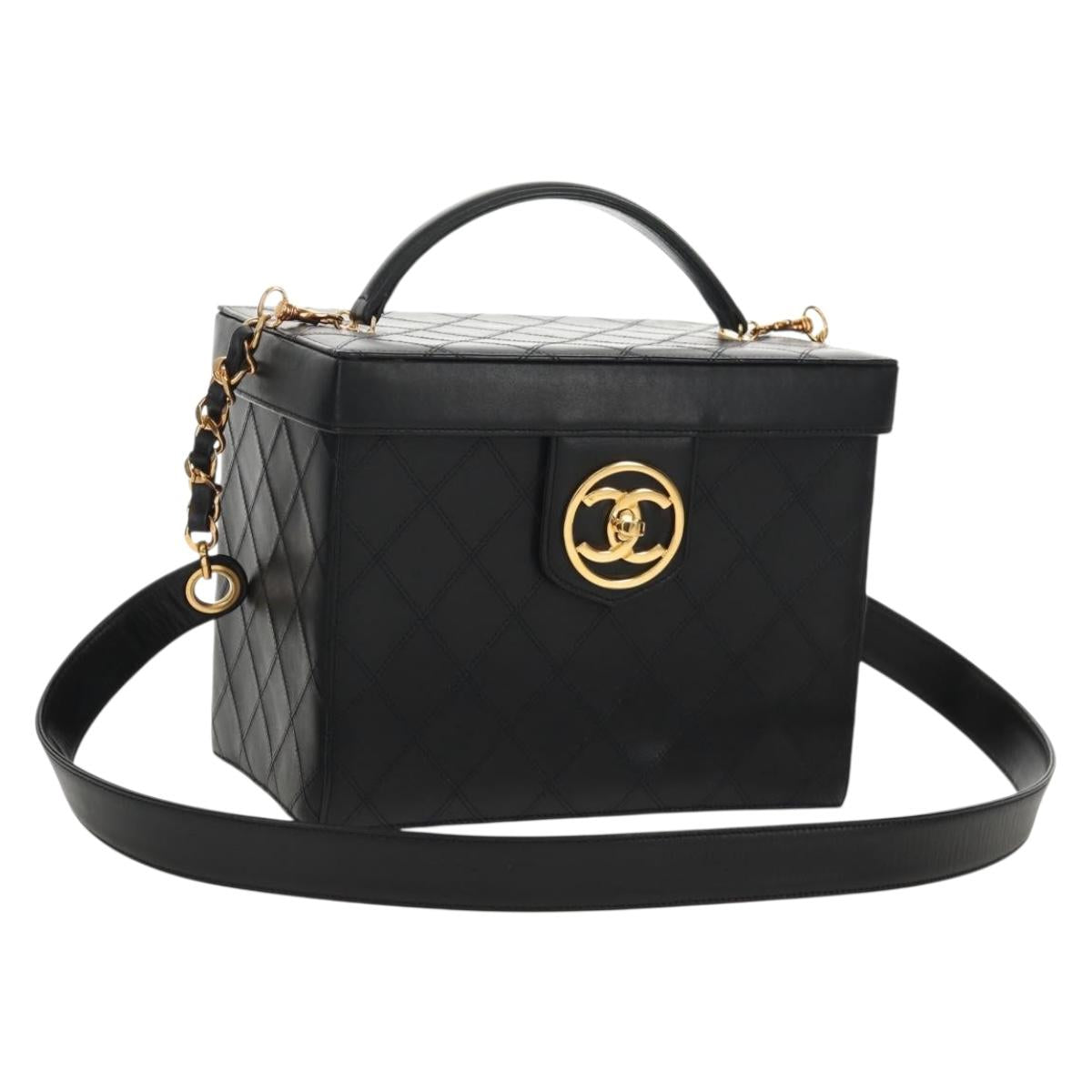 CHANEL Bicolore Vanity Hand Bag Lamb Skin Black Gold CC Auth ka597V