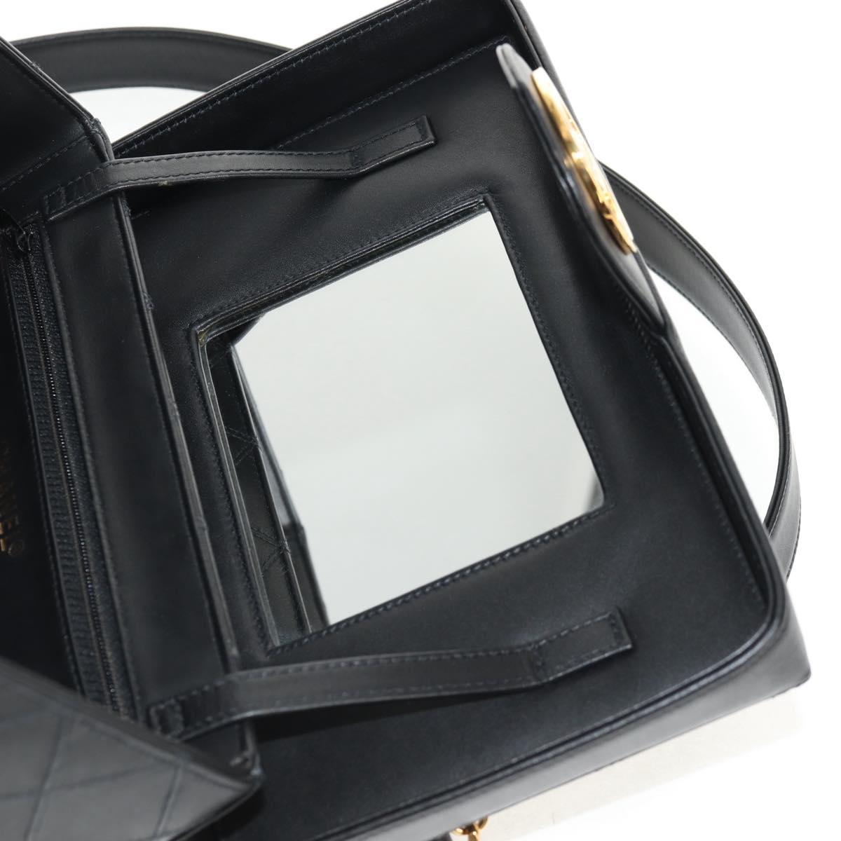 CHANEL Bicolore Vanity Hand Bag Lamb Skin Black Gold CC Auth ka597V