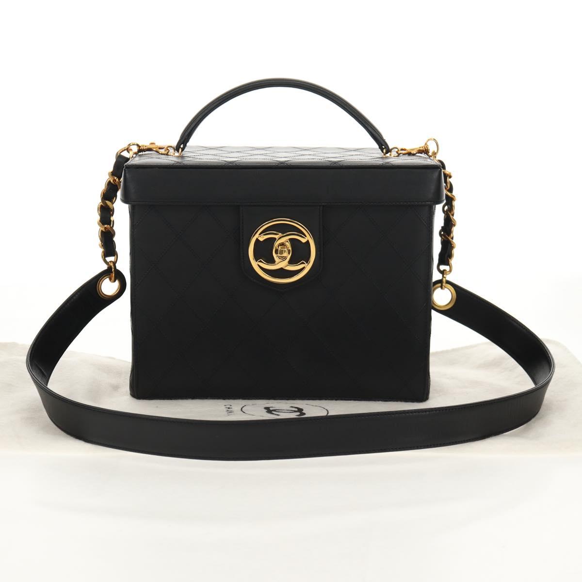 CHANEL Bicolore Vanity Hand Bag Lamb Skin Black Gold CC Auth ka597V