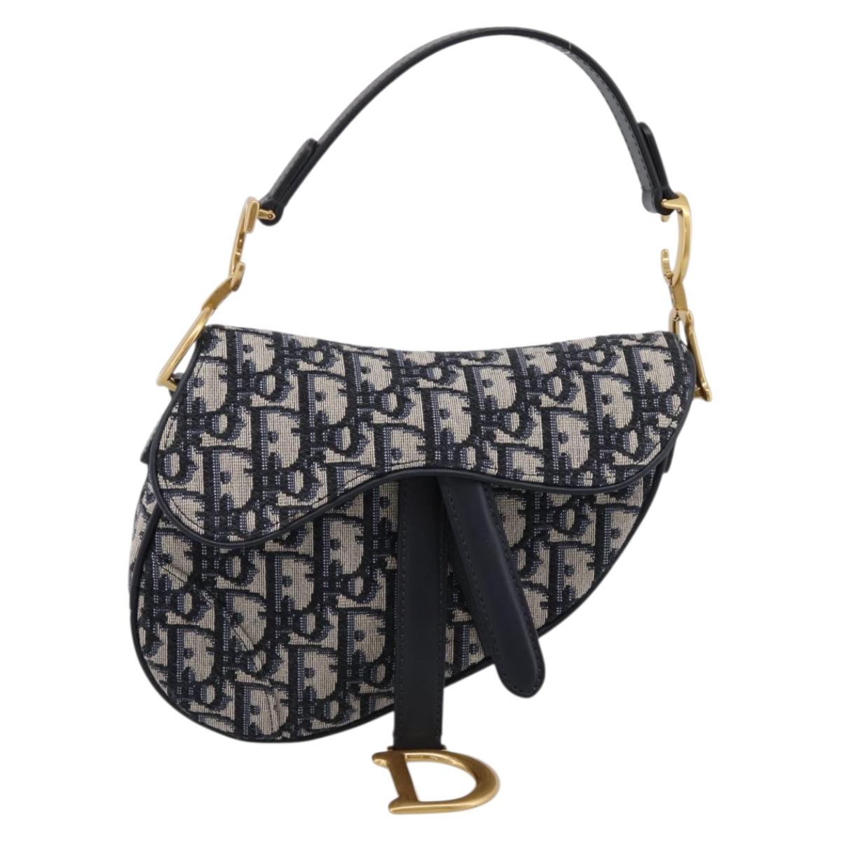 Christian Dior Trotter Canvas Saddle Hand Bag Navy Gold Auth ka5981SAM