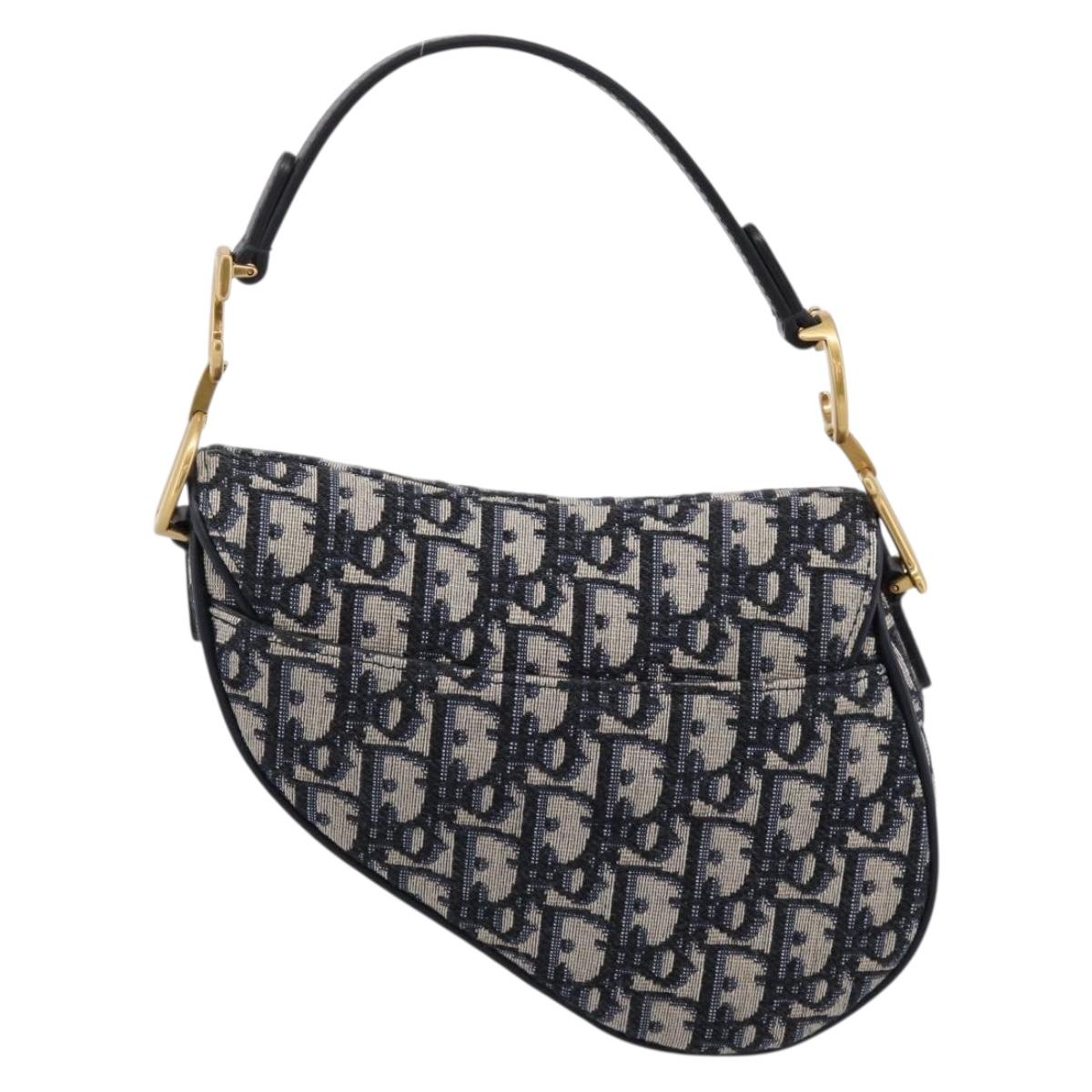 Christian Dior Trotter Canvas Saddle Hand Bag Navy Gold Auth ka5981SAM