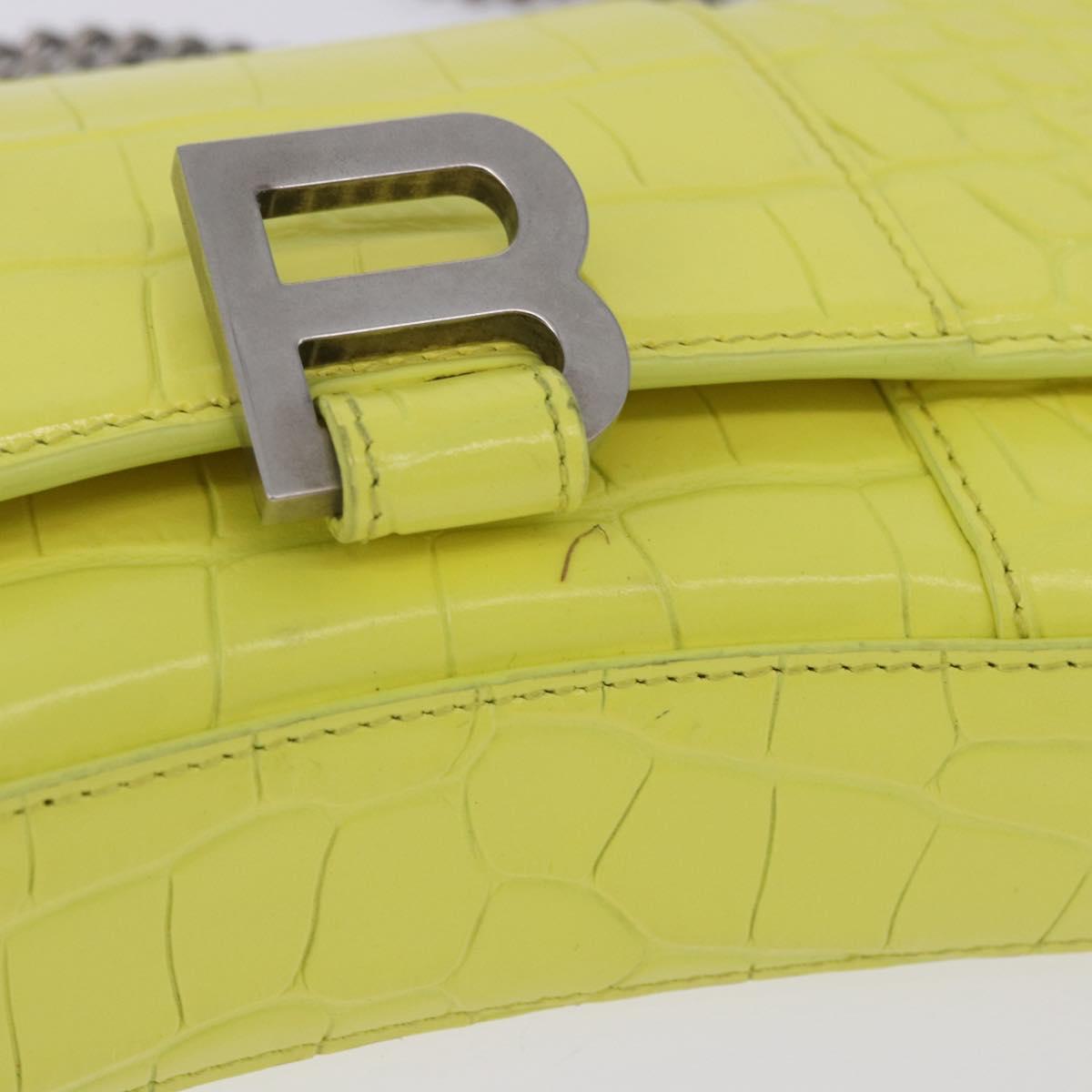 BALENCIAGA Chain Shoulder Bag Leather Croco Embossed Yellow Silver Auth ka5986M