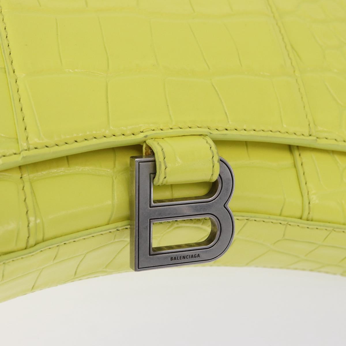 BALENCIAGA Chain Shoulder Bag Leather Croco Embossed Yellow Silver Auth ka5986M
