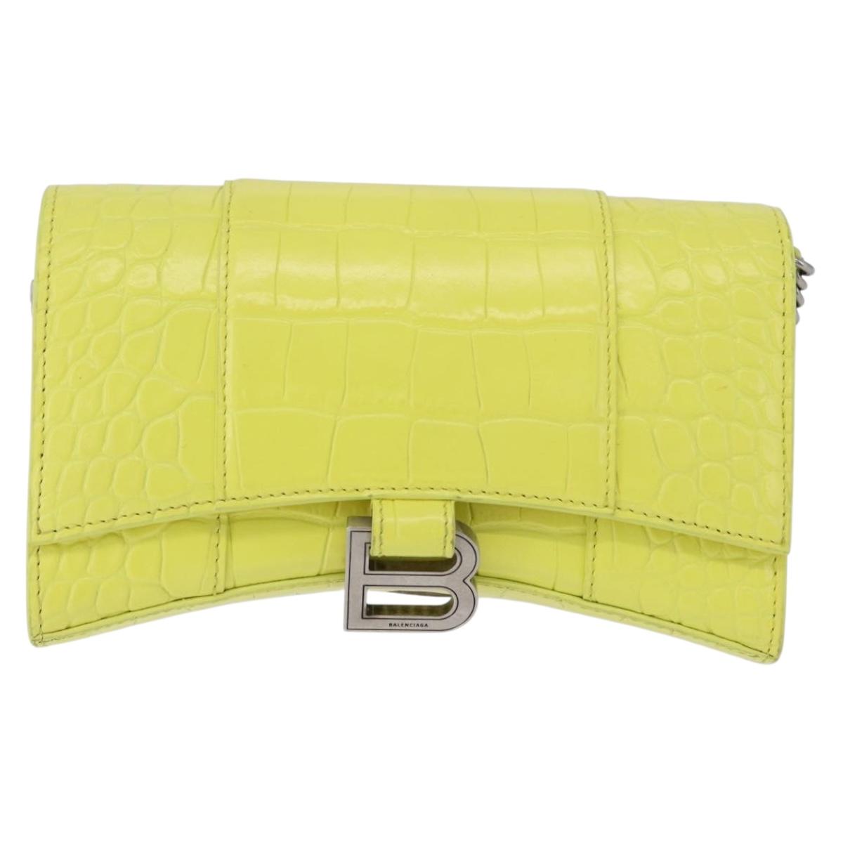 BALENCIAGA Chain Shoulder Bag Leather Croco Embossed Yellow Silver Auth ka5986M