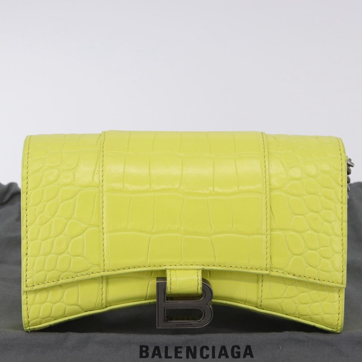 BALENCIAGA Chain Shoulder Bag Leather Croco Embossed Yellow Silver Auth ka5986M