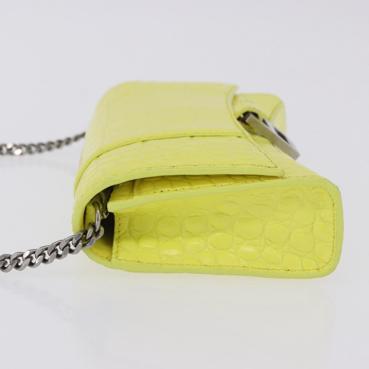 BALENCIAGA Chain Shoulder Bag Leather Croco Embossed Yellow Silver Auth ka5986M