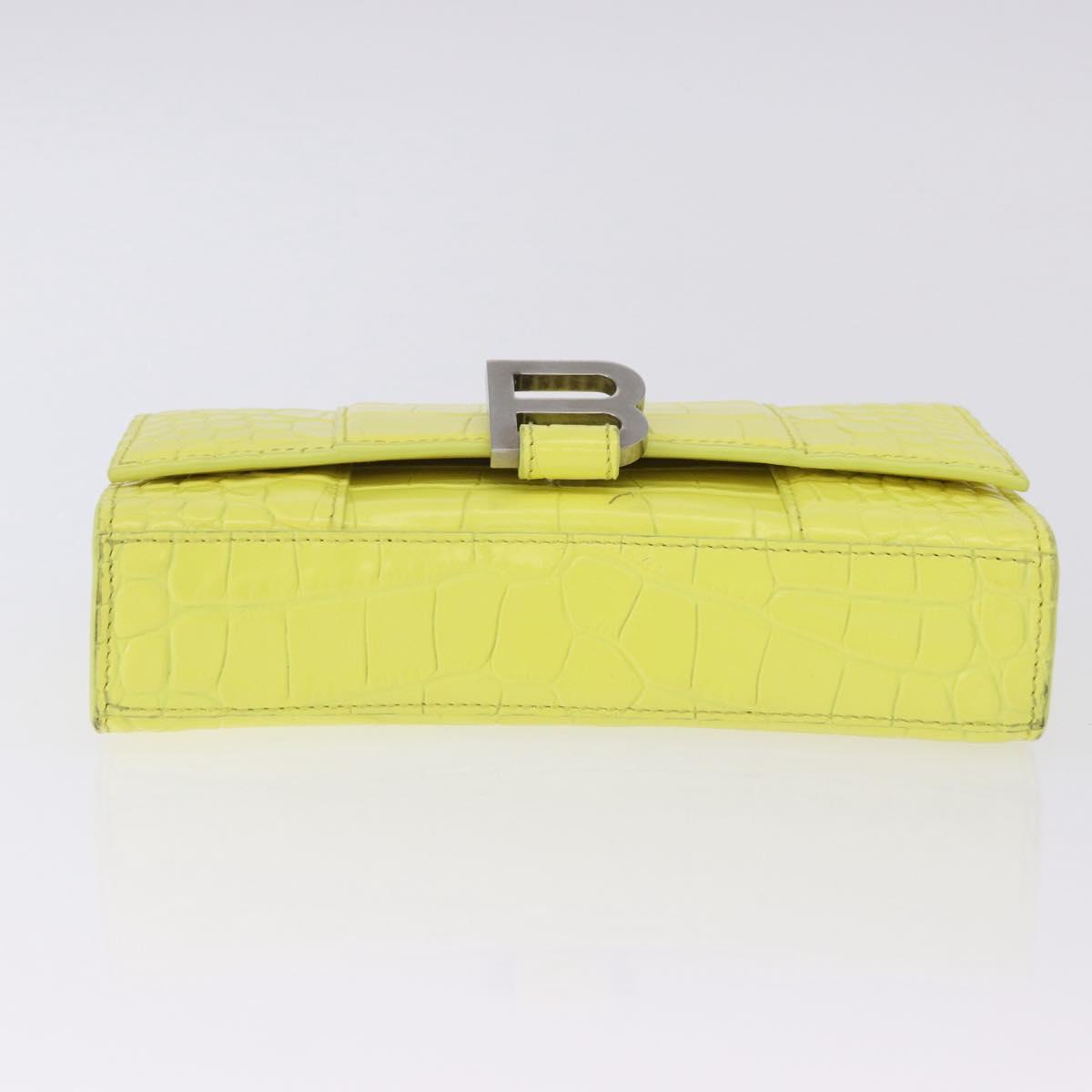 BALENCIAGA Chain Shoulder Bag Leather Croco Embossed Yellow Silver Auth ka5986M