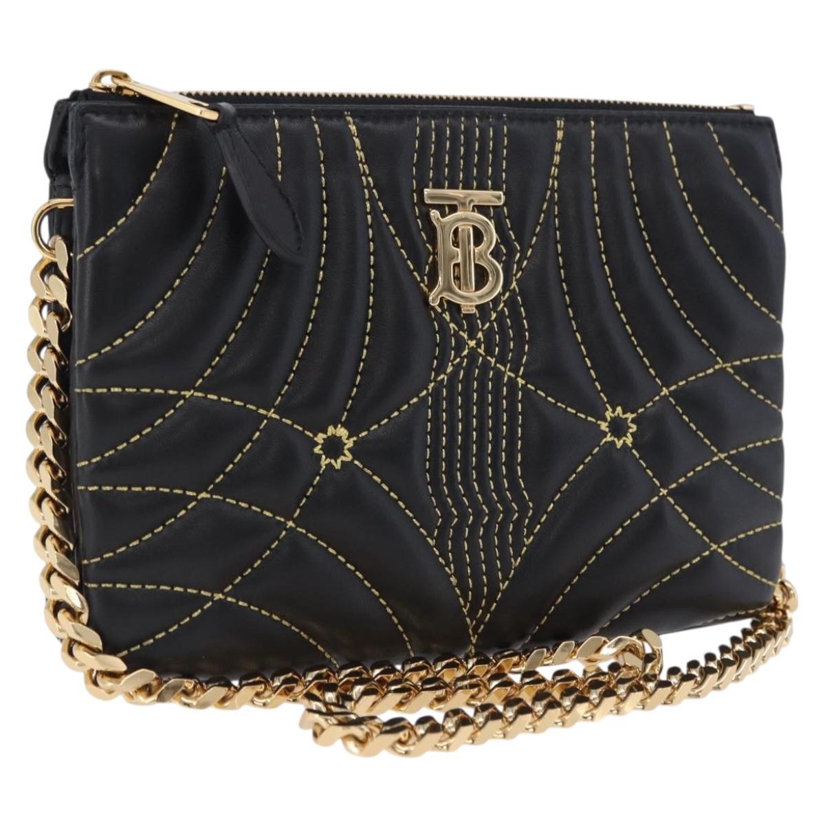 BURBERRY Chain Shoulder Bag Leather Black Gold Auth ka5988V