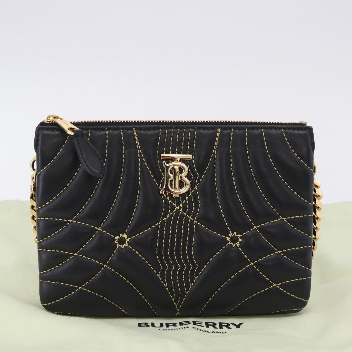 BURBERRY Chain Shoulder Bag Leather Black Gold Auth ka5988V