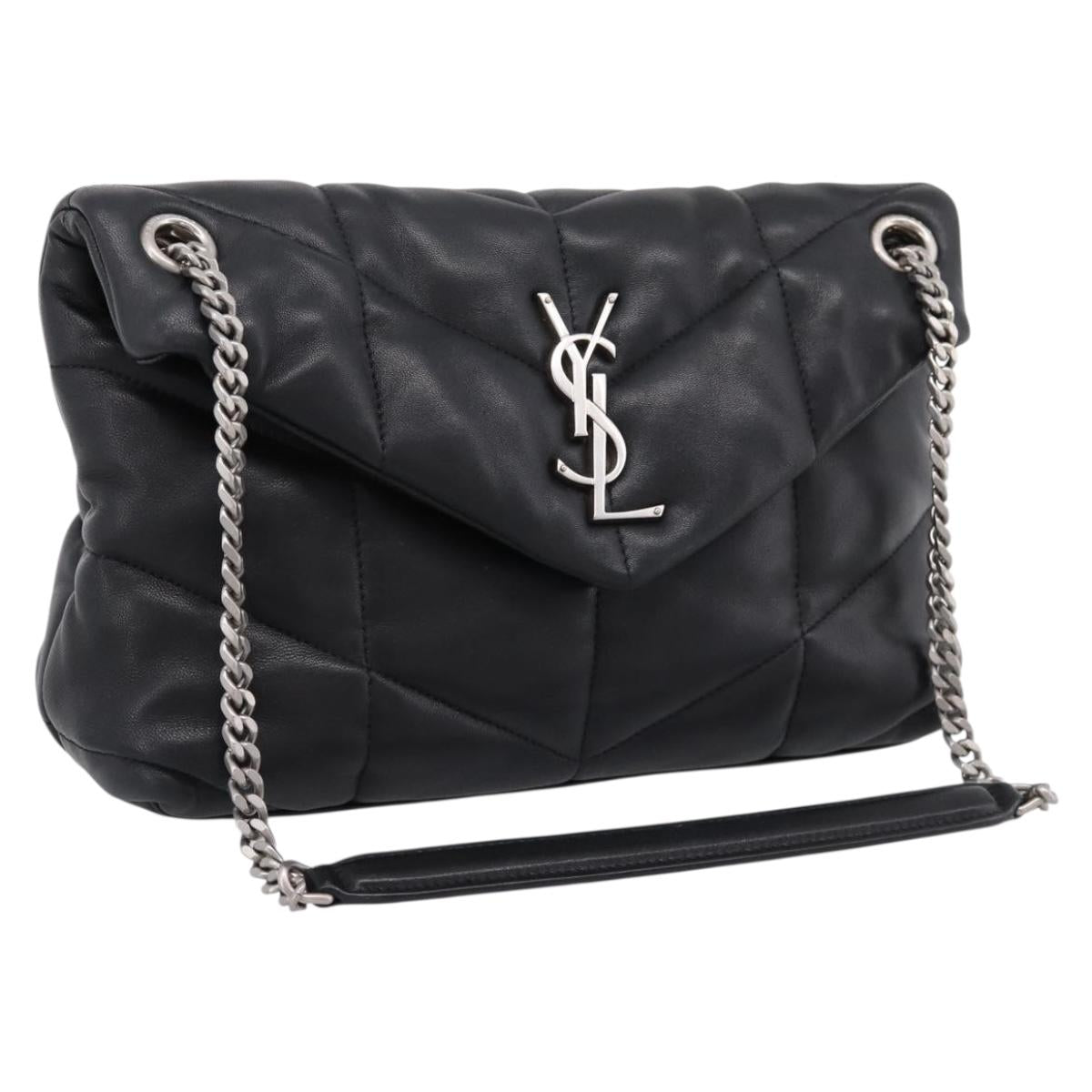 SAINT LAURENT Lulu Puffer Chain Shoulder Bag Leather Black Silver Auth ka5996SAM