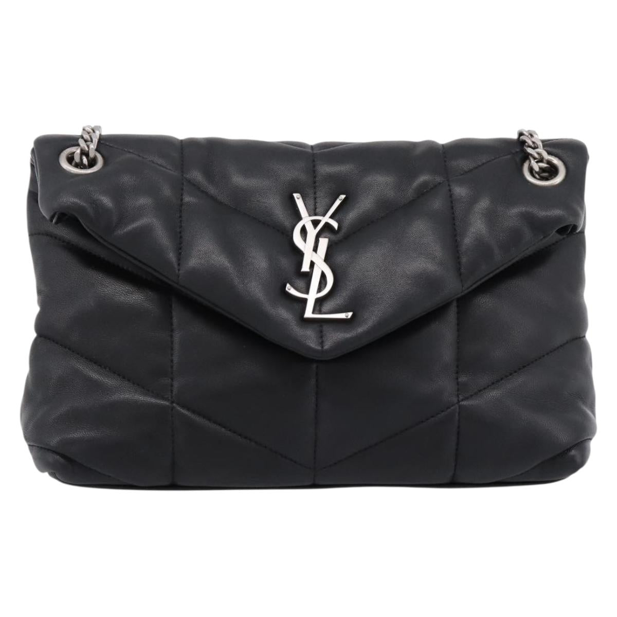 SAINT LAURENT Lulu Puffer Chain Shoulder Bag Leather Black Silver Auth ka5996SAM