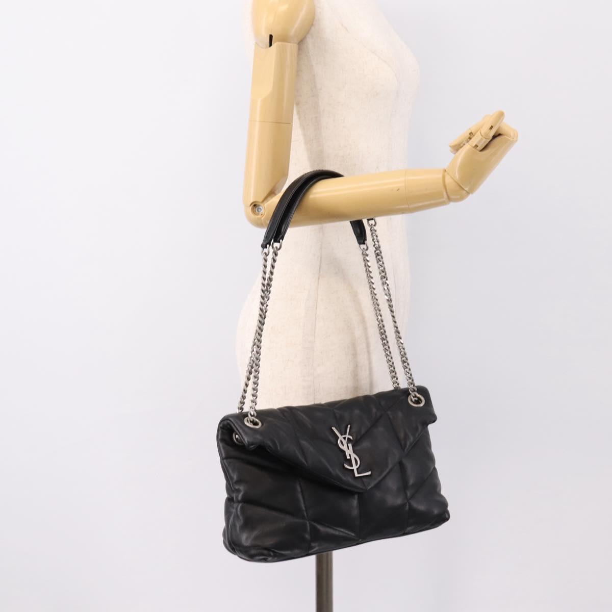 SAINT LAURENT Lulu Puffer Chain Shoulder Bag Leather Black Silver Auth ka5996SAM