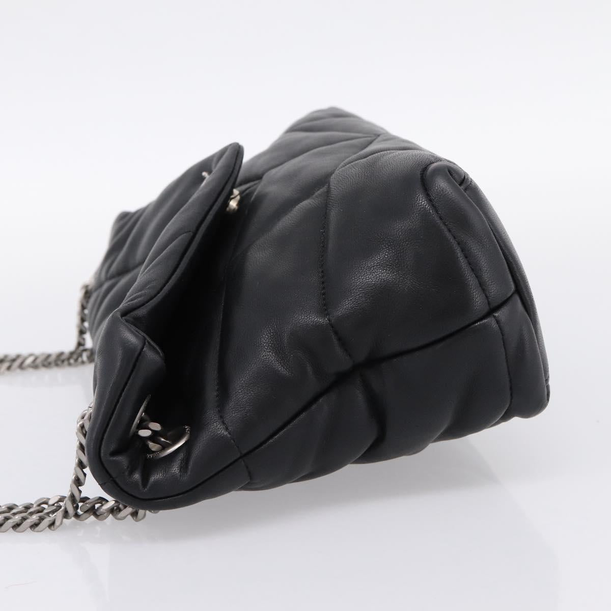 SAINT LAURENT Lulu Puffer Chain Shoulder Bag Leather Black Silver Auth ka5996SAM