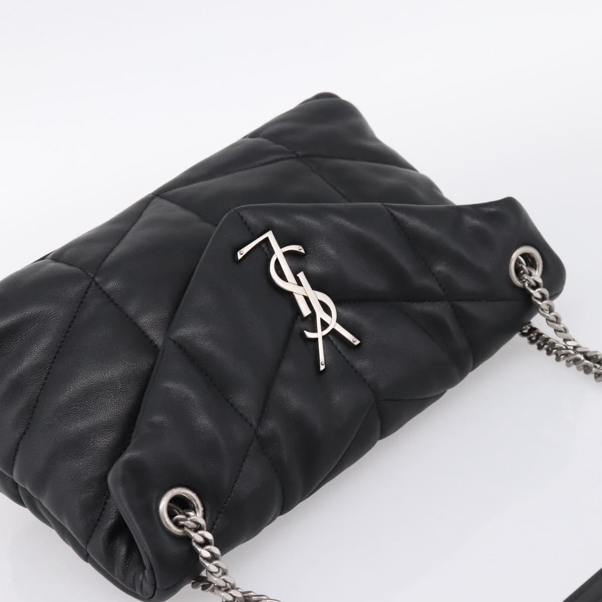 SAINT LAURENT Lulu Puffer Chain Shoulder Bag Leather Black Silver Auth ka5996SAM