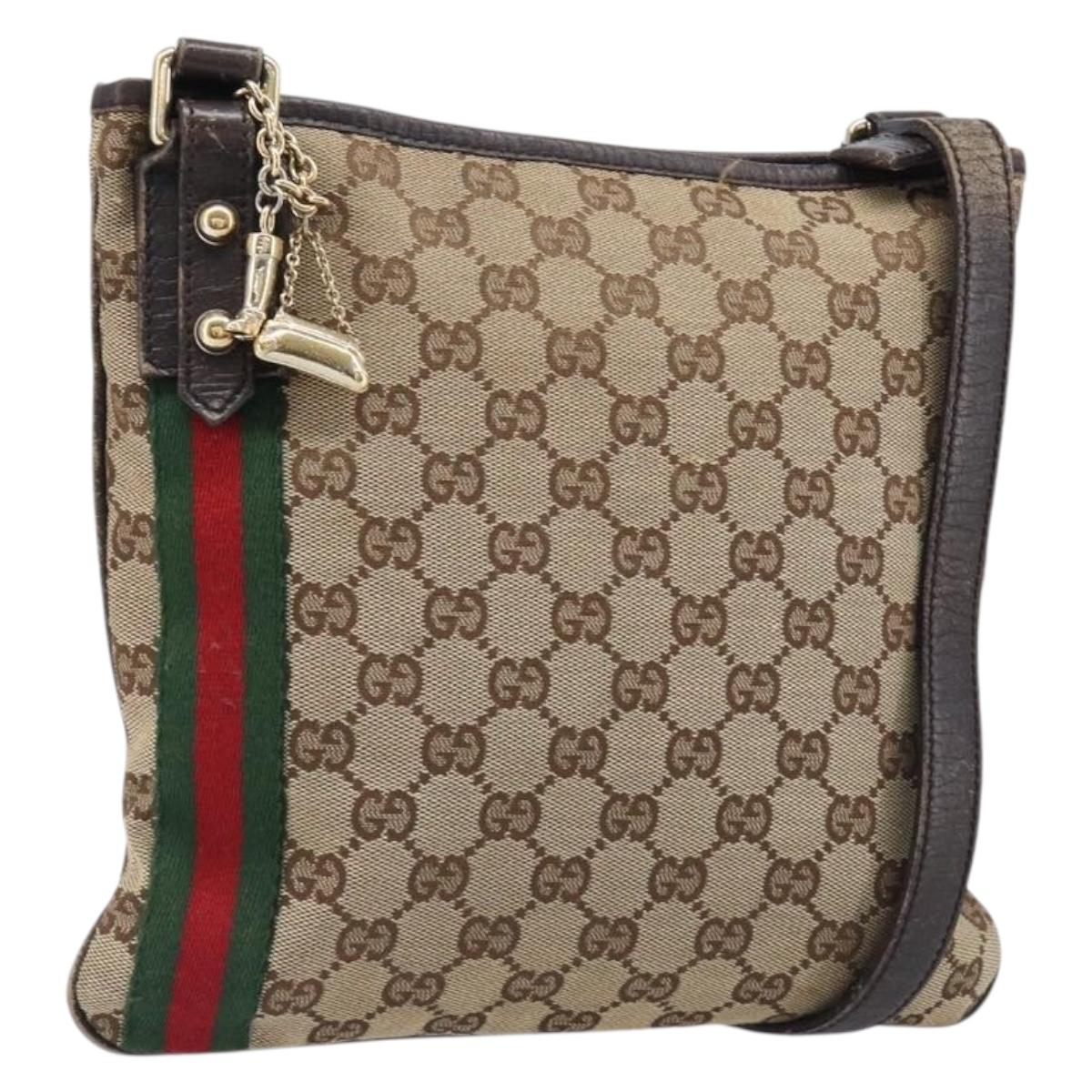 GUCCI GG Canvas Web Sherry Line Shoulder Bag Beige Gold 144388 Auth ka6002