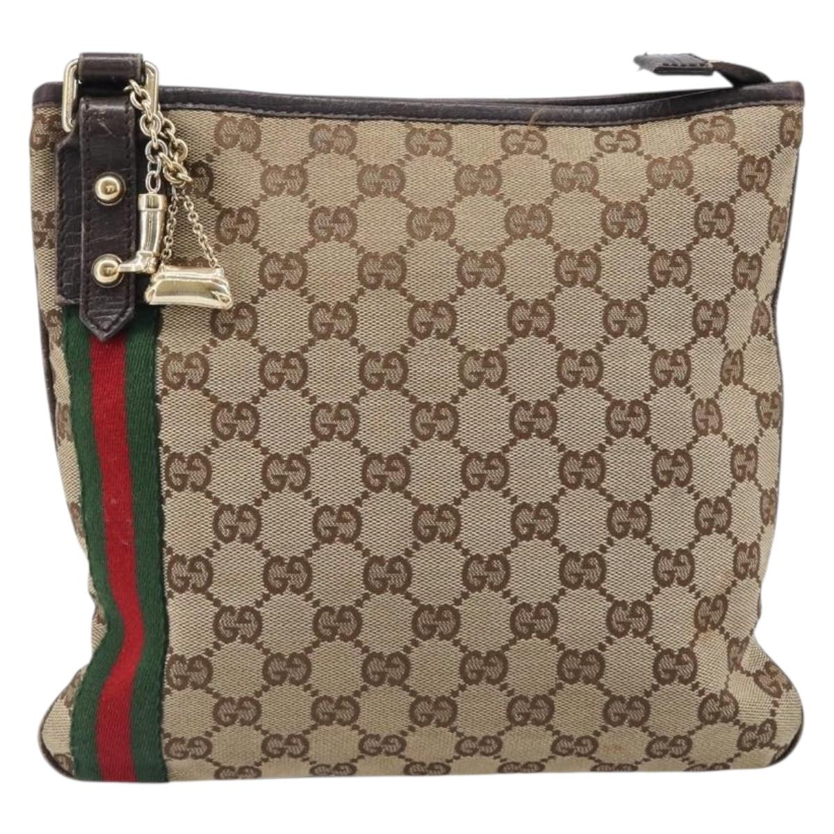 GUCCI GG Canvas Web Sherry Line Shoulder Bag Beige Gold 144388 Auth ka6002