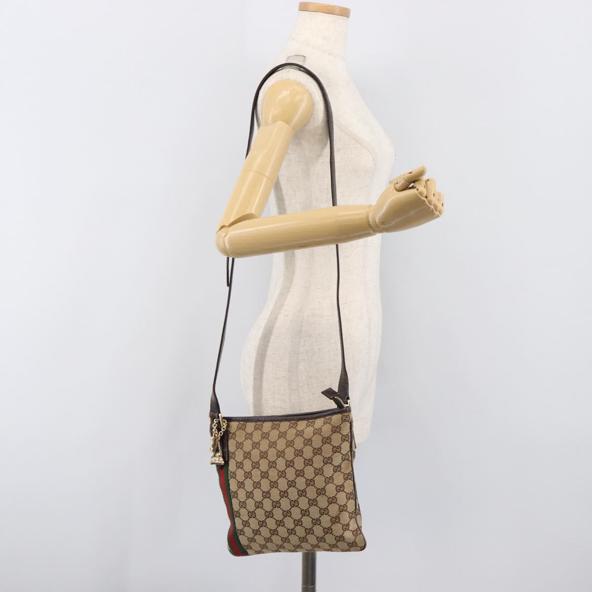 GUCCI GG Canvas Web Sherry Line Shoulder Bag Beige Gold 144388 Auth ka6002