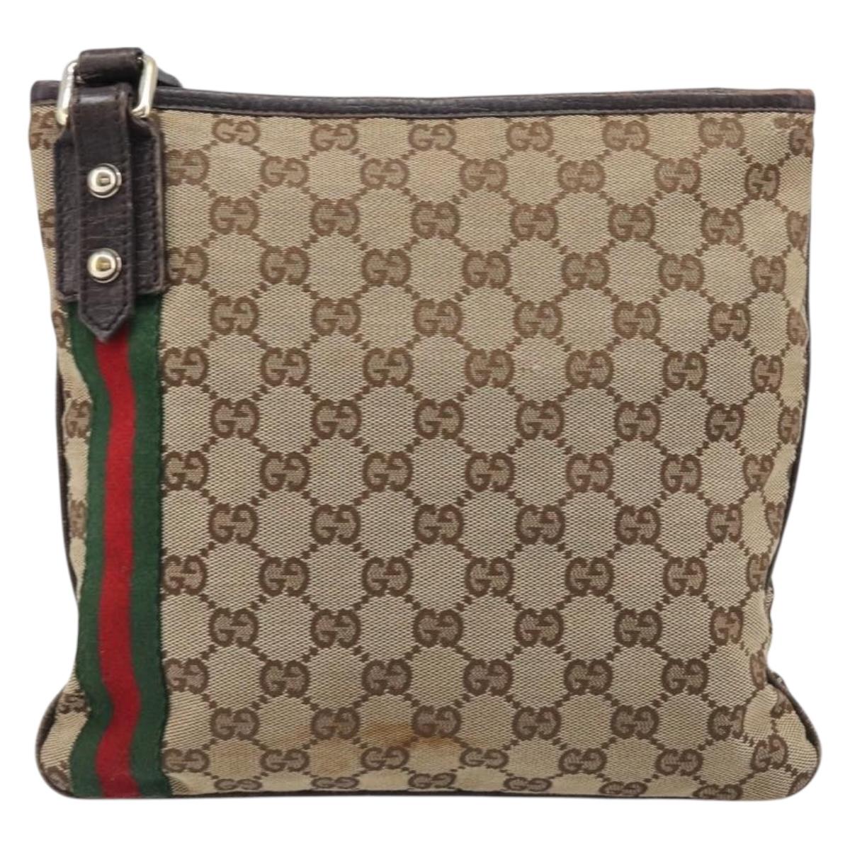 GUCCI GG Canvas Web Sherry Line Shoulder Bag Beige Gold 144388 Auth ka6002