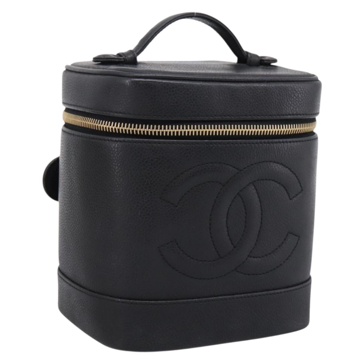 CHANEL COCO Mark Vanity Hand Bag Caviar Skin Black Gold CC Auth ka6003