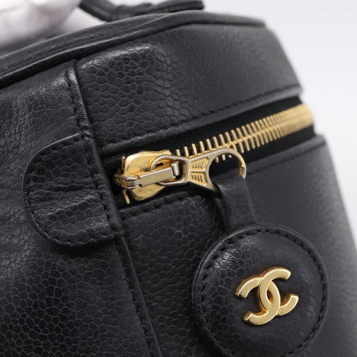 CHANEL COCO Mark Vanity Hand Bag Caviar Skin Black Gold CC Auth ka6003