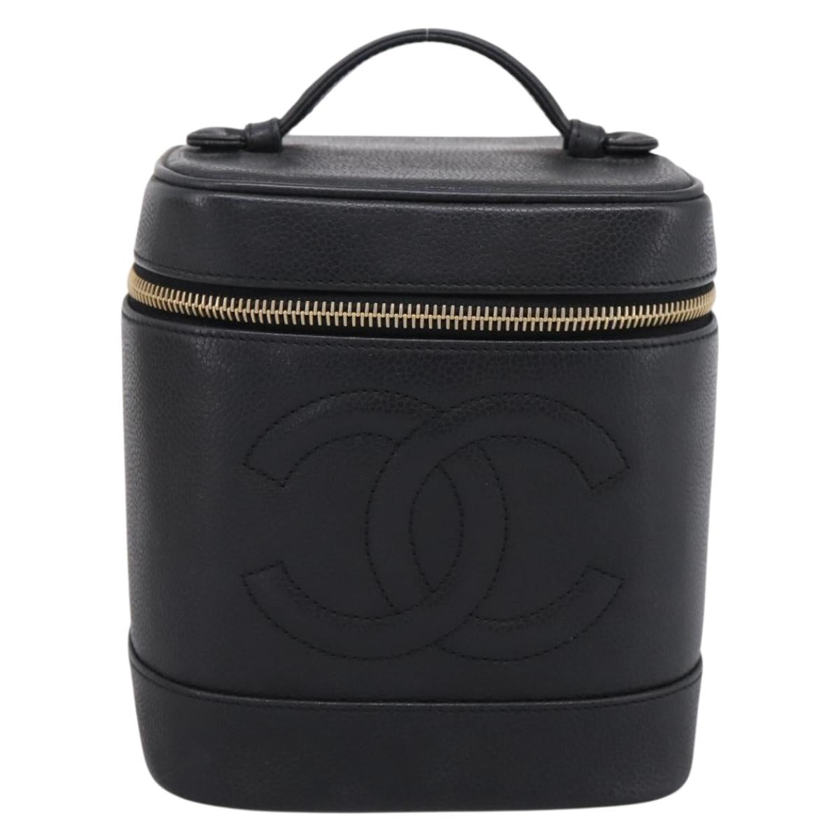 CHANEL COCO Mark Vanity Hand Bag Caviar Skin Black Gold CC Auth ka6003