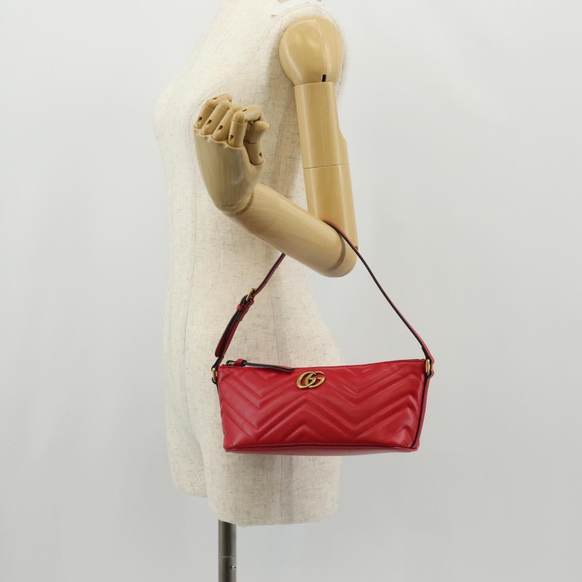 GUCCI GG Marmont Accessory Pouch Leather Red Gold 739166 Auth ka600V