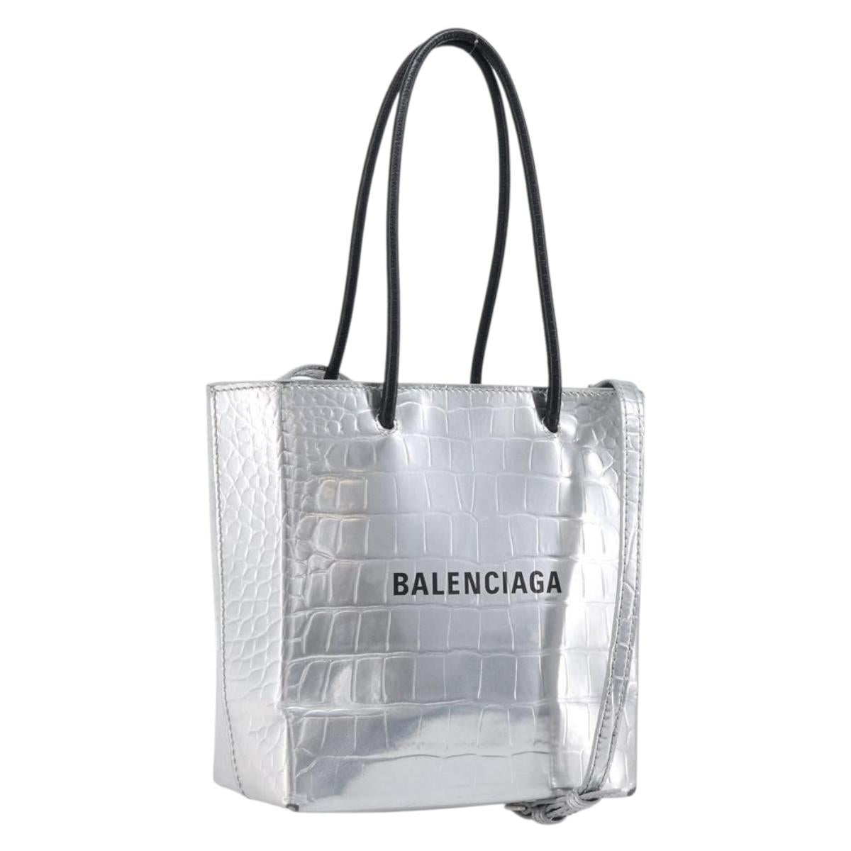 BALENCIAGA Croco Embossed Shopping XXS Leather 2way Silver 597858 Auth ka6015V