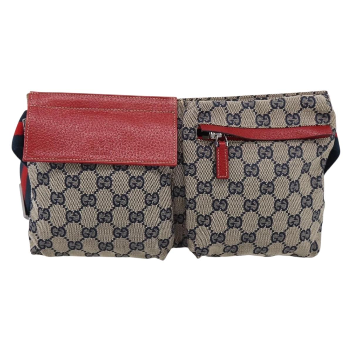 GUCCI GG Canvas Sherry Line Waist Bag Navy Silver 28566 Auth ka6019V