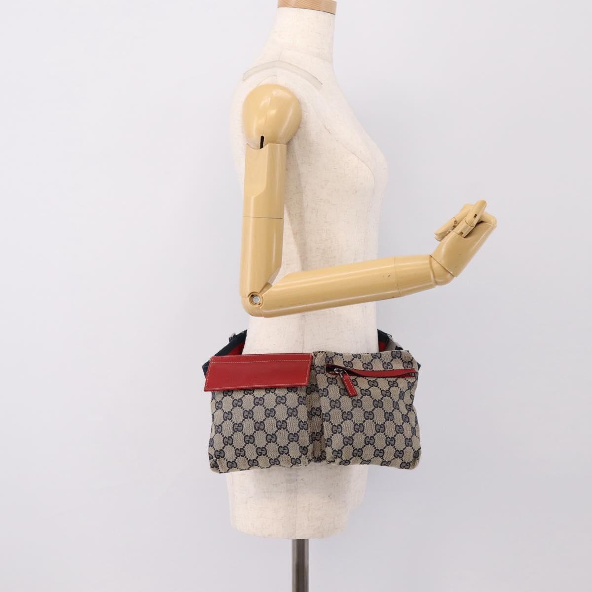 GUCCI GG Canvas Sherry Line Waist Bag Navy Silver 28566 Auth ka6019V