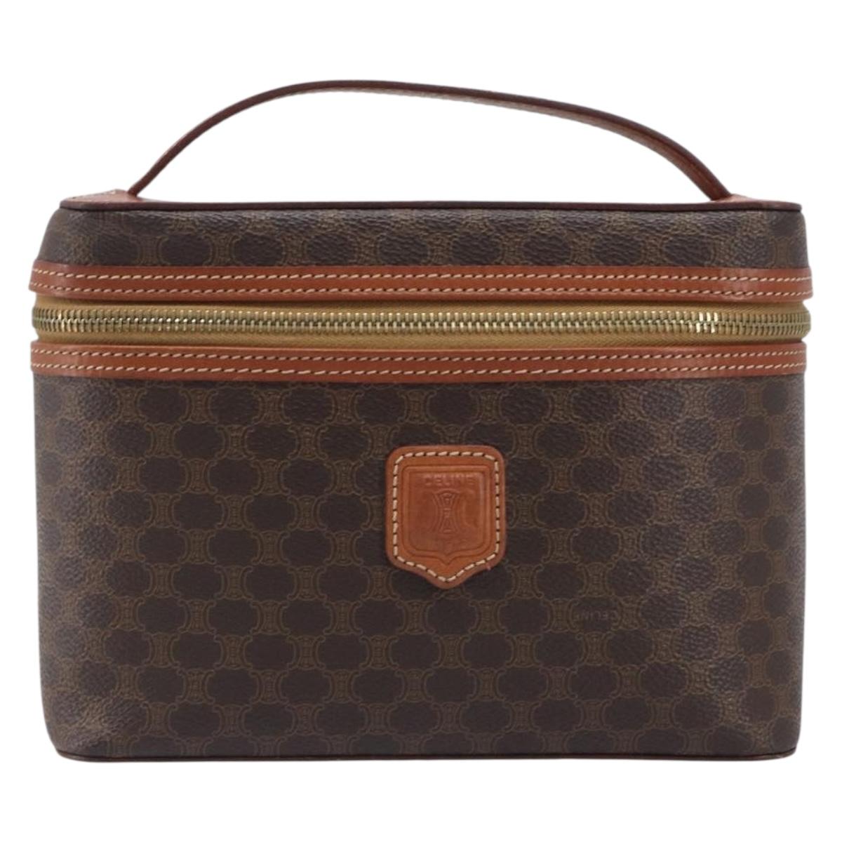 CELINE Macadam Canvas Vanity Hand Bag PVC Leather Brown Gold Auth ka6028A