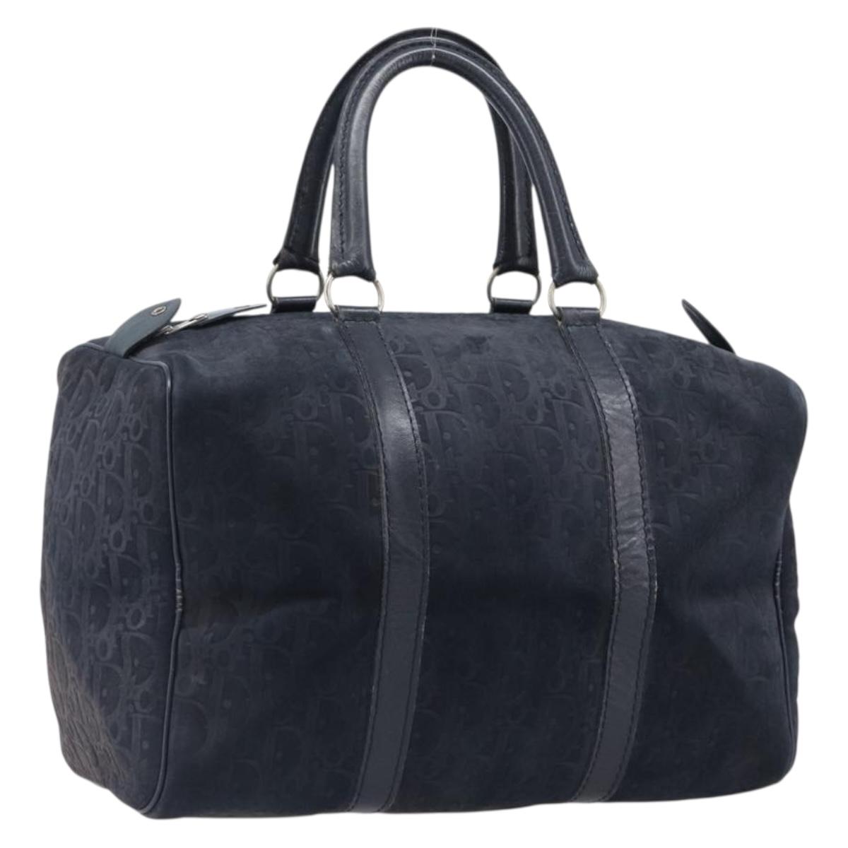 Christian Dior Trotter Canvas Boston Bag Suede Navy Silver Auth ka6036