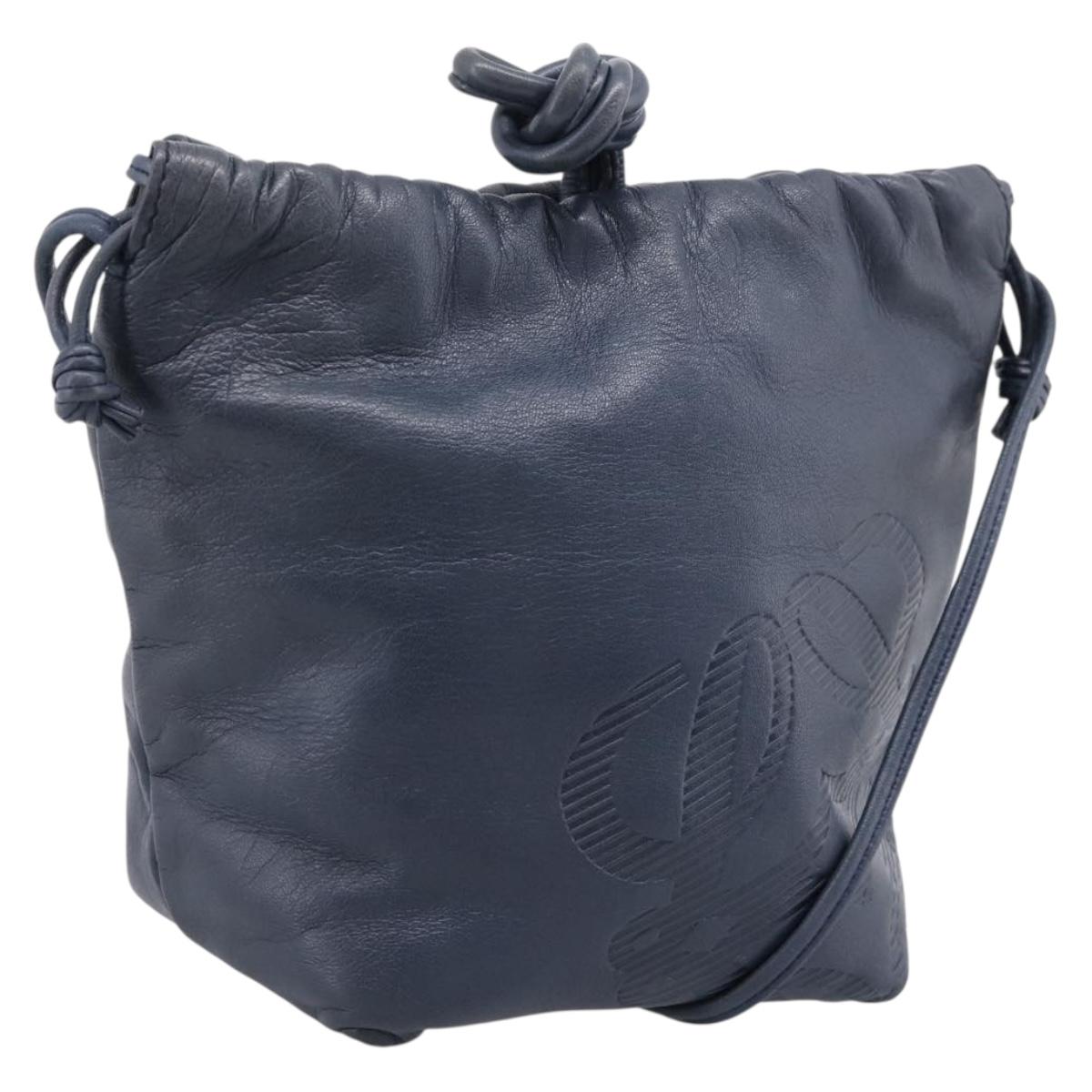 LOEWE Anagram Shoulder Bag Leather Navy Gold Auth ka6044A
