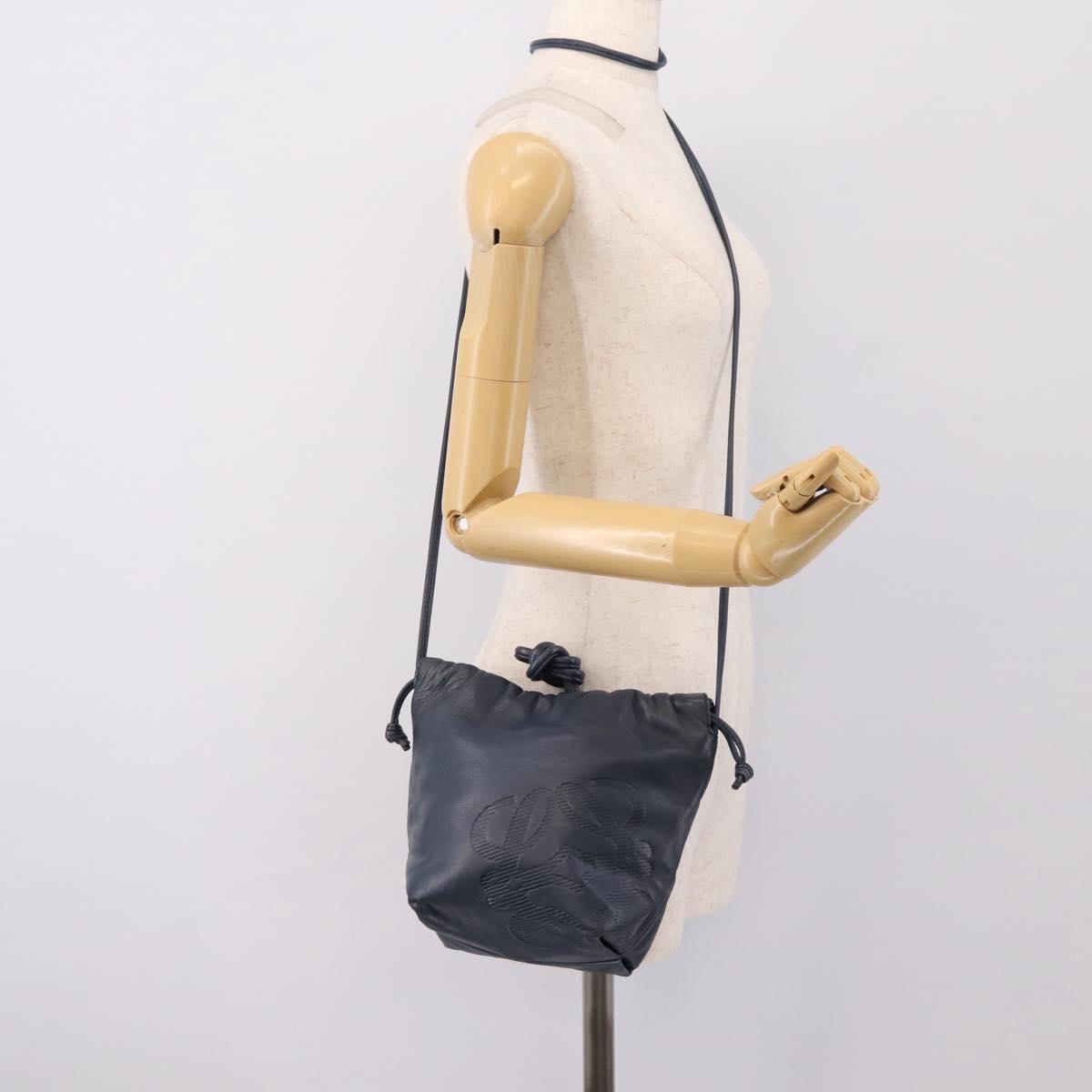 LOEWE Anagram Shoulder Bag Leather Navy Gold Auth ka6044A