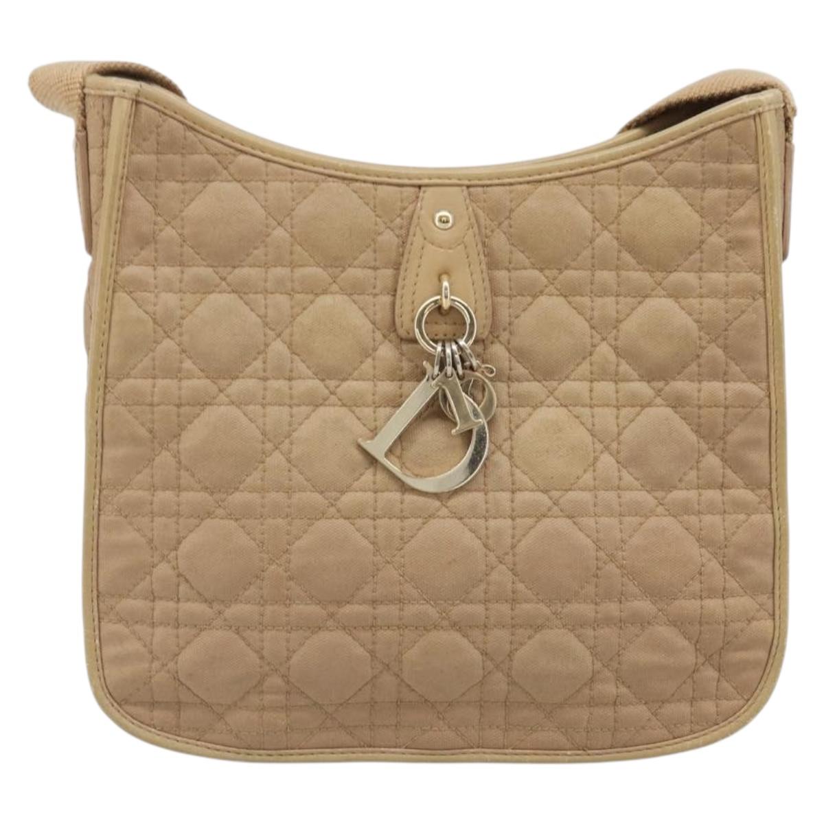 Christian Dior Lady Dior Canage Bag Coated Canvas Beige Gold Auth ka6054