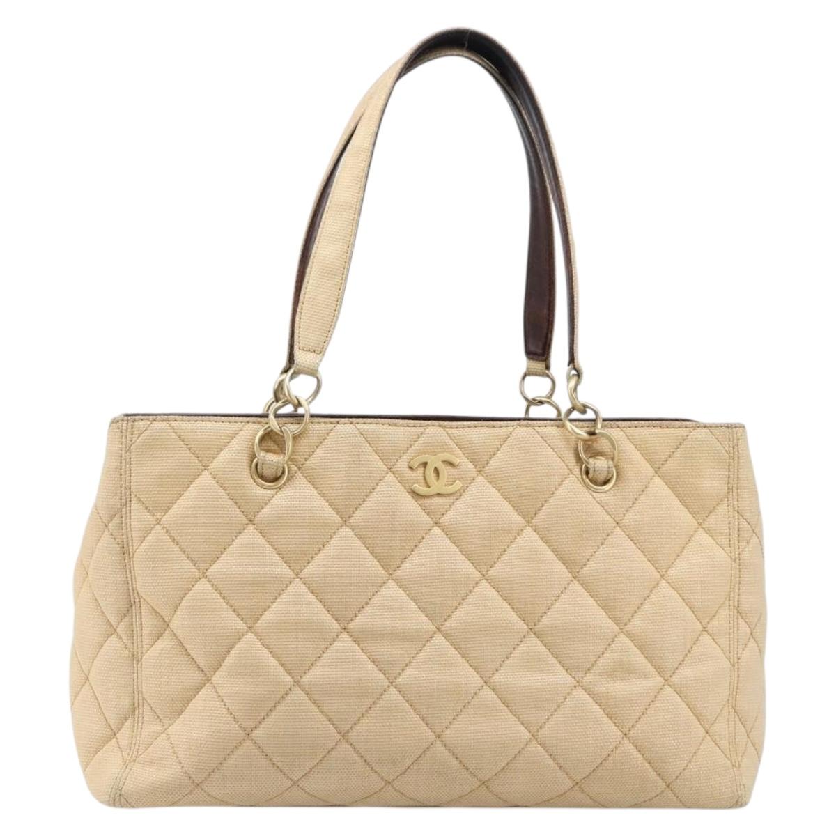 CHANEL Matelasse Tote Bag Raffia Beige Gold CC Auth ka6055A