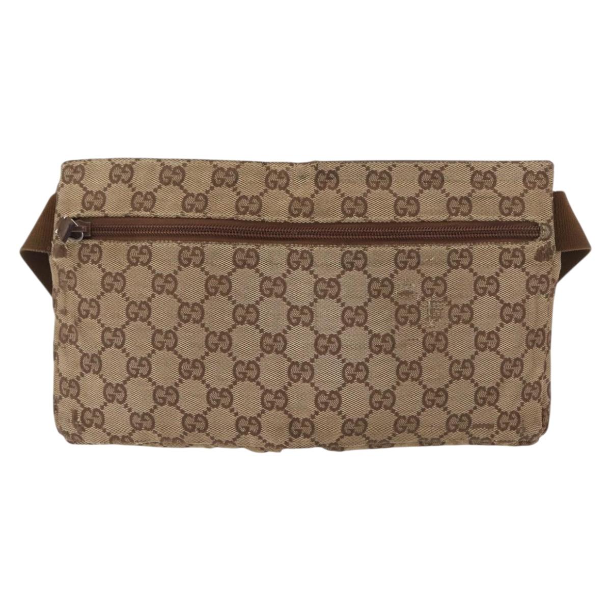 GUCCI GG Canvas Waist Bag Beige Silver 28566 Auth ka606