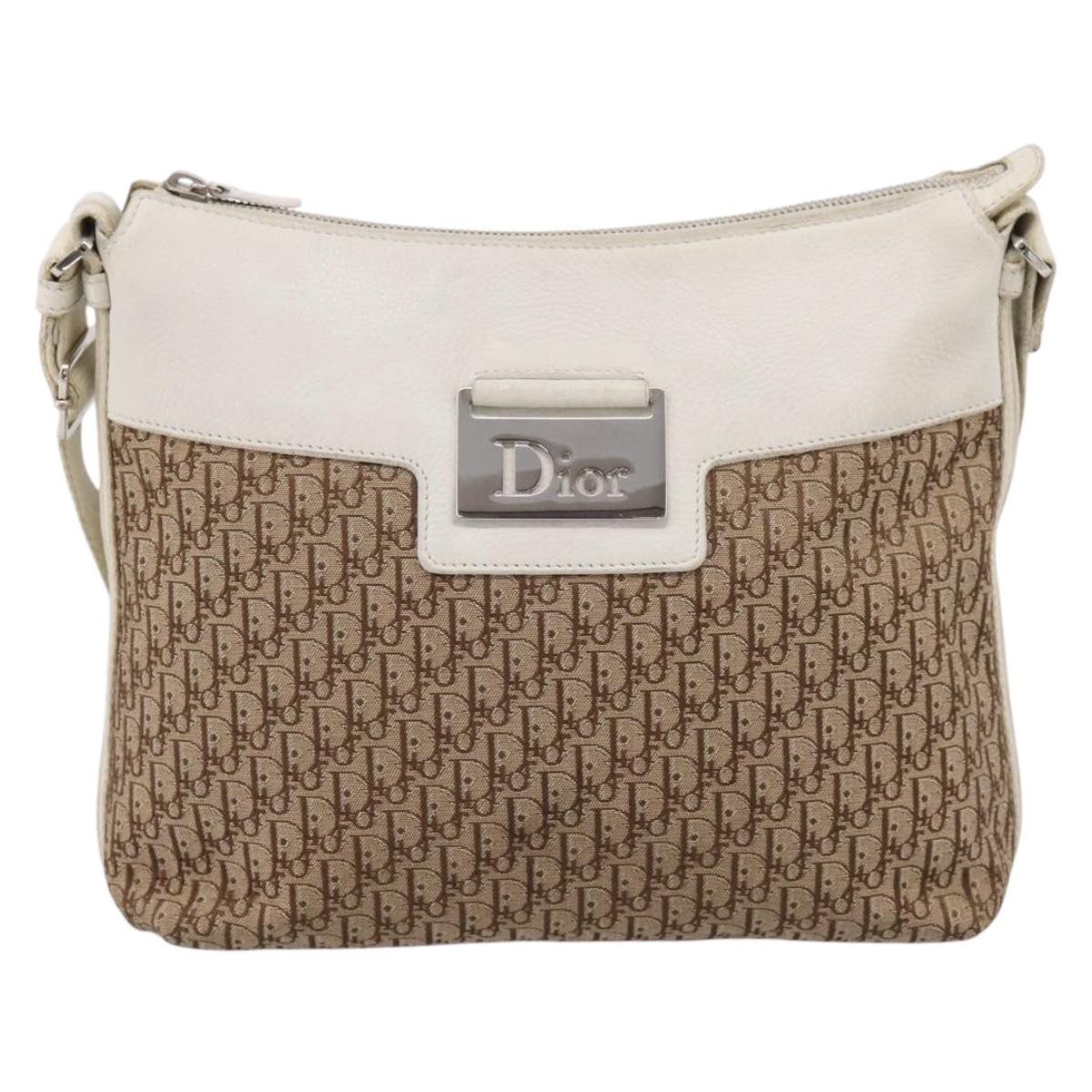 Christian Dior Trotter Canvas Shoulder Bag Beige Silver Auth ka6062A