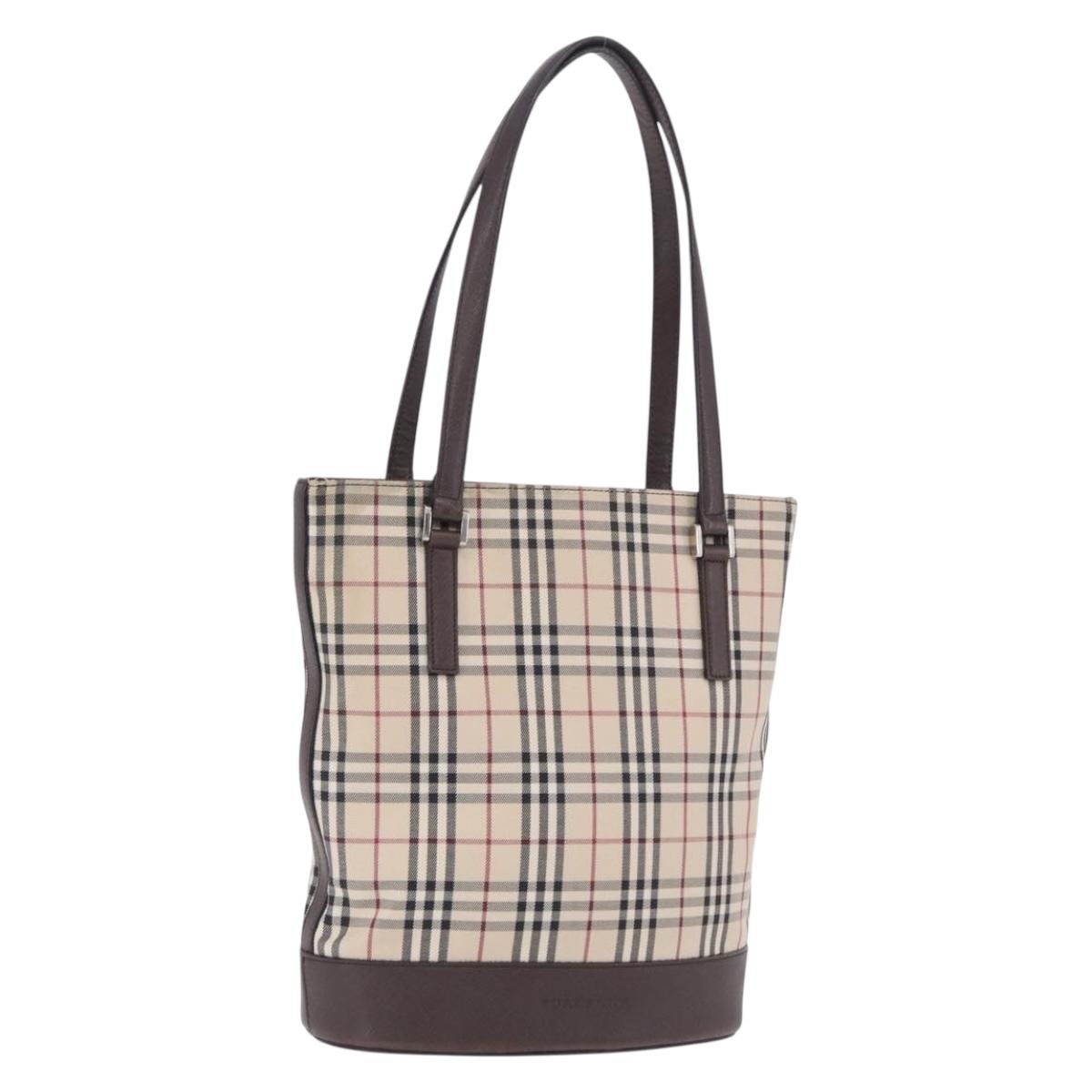 BURBERRY Nova Check Tote Bag Canvas Beige Silver Auth ka6063