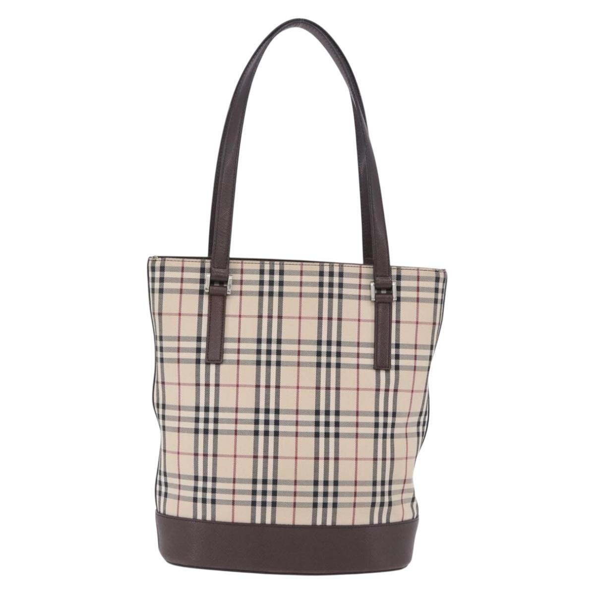 BURBERRY Nova Check Tote Bag Canvas Beige Silver Auth ka6063