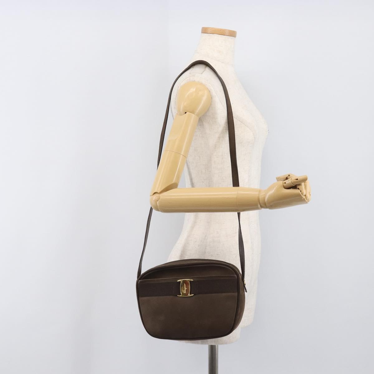 Salvatore Ferragamo Vala Shoulder Bag Suede Brown Gold Tone Auth ka6067